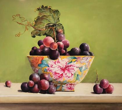 Red Grapes in Mille-Fleur Bowl ,Oil Still life on canvas for Sale by Dennis Whalen